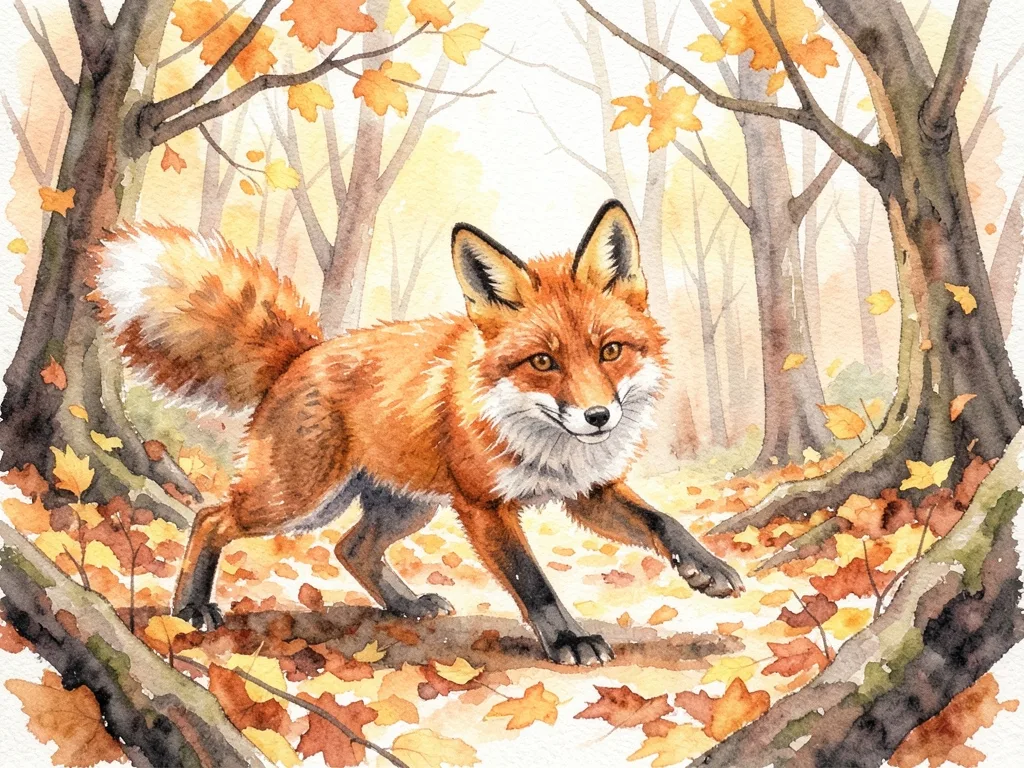 水彩插画：秋日森林里好奇的小红狐，落叶纷飞，暖色调