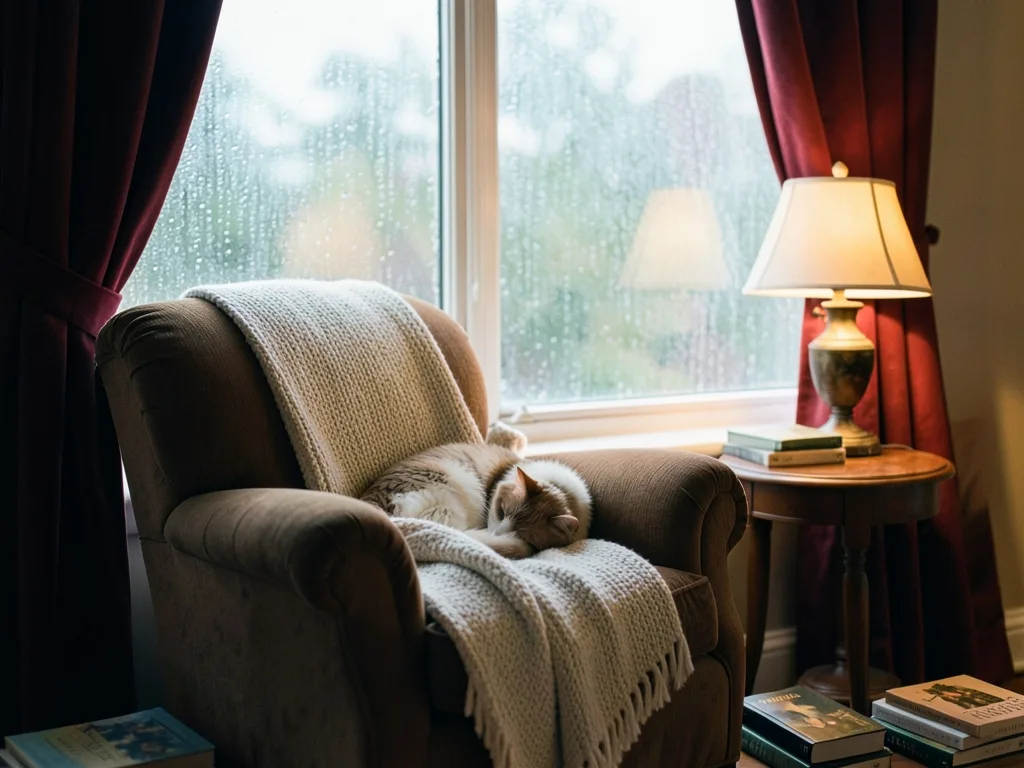 雨天窗边温馨的阅读角，暖色台灯，一只猫睡在针织毯上，电影感摄影