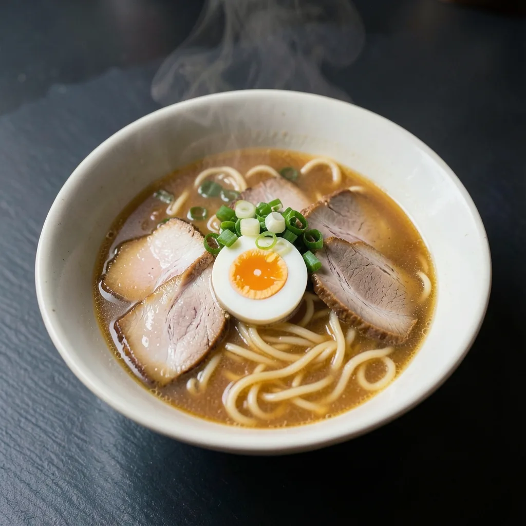 俯拍一碗冒着热气的拉面，溏心蛋与叉烧，深色石板，暗调美食摄影