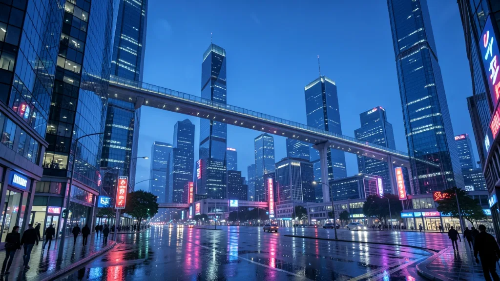 蓝调时刻的未来城市天际线，空中连廊，雨后街道上的霓虹倒影，电影级广角